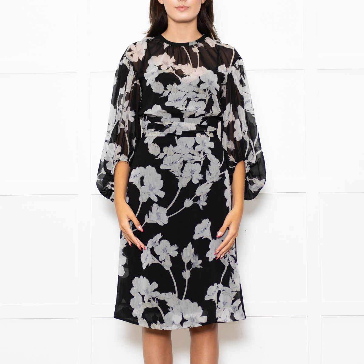 Club Monaco Black Grey Floral Belted Midi Dress With Slip