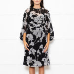 Club Monaco Black Grey Floral Belted Midi Dress With Slip