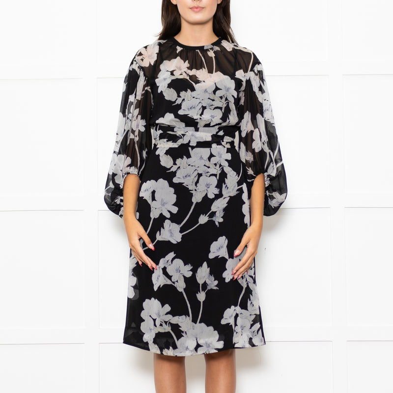 Club Monaco Black Grey Floral Belted Midi Dress With Slip