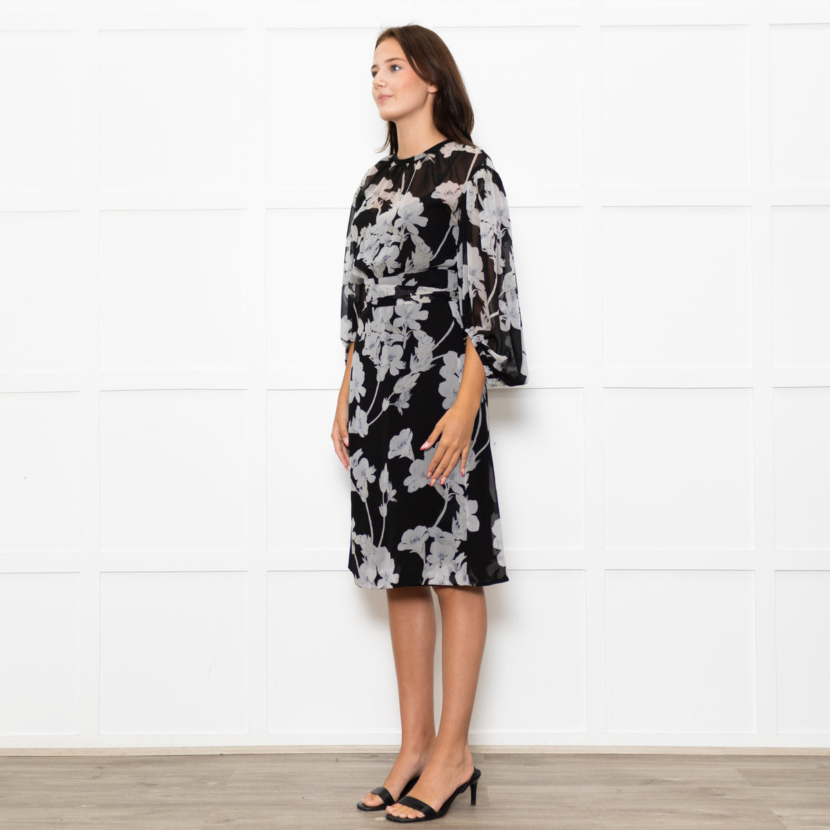 Club Monaco Black Grey Floral Belted Midi Dress With Slip