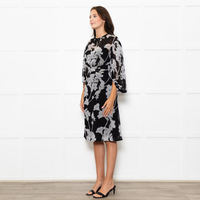 Club Monaco Black Grey Floral Belted Midi Dress With Slip
