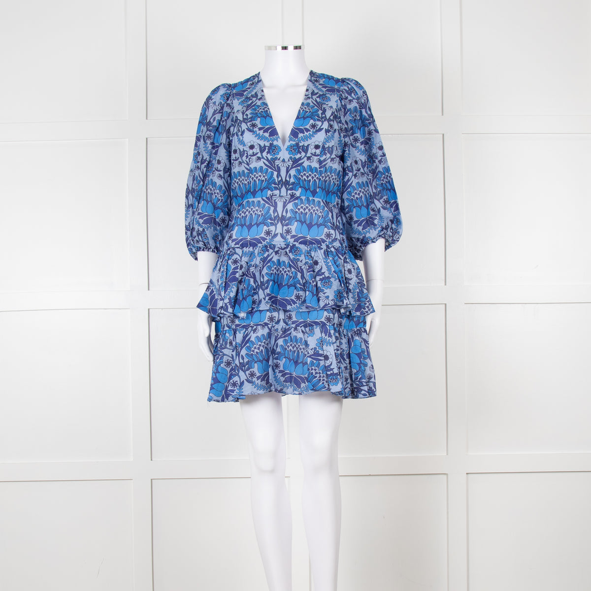 Sandro Blue Floral Mini Dress with Tiered Skirt