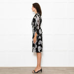 Club Monaco Black Grey Floral Belted Midi Dress With Slip
