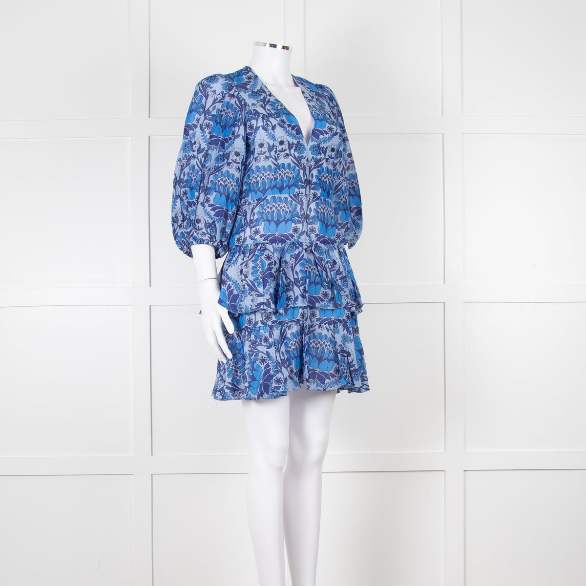 Sandro Blue Floral Mini Dress with Tiered Skirt