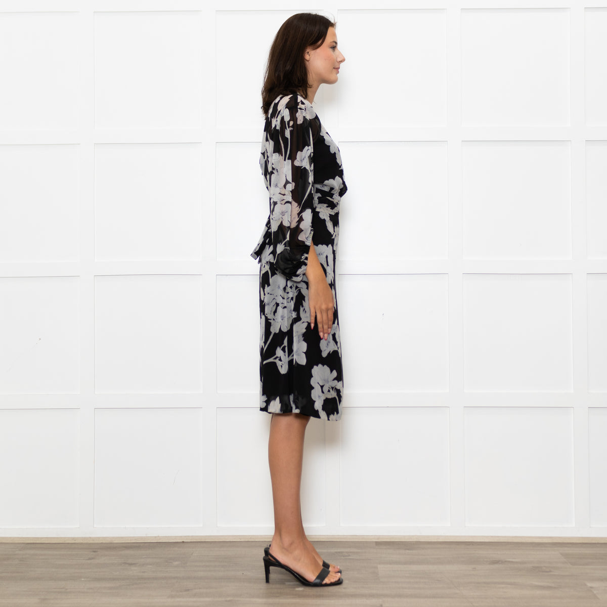 Club Monaco Black Grey Floral Belted Midi Dress With Slip