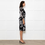 Club Monaco Black Grey Floral Belted Midi Dress With Slip