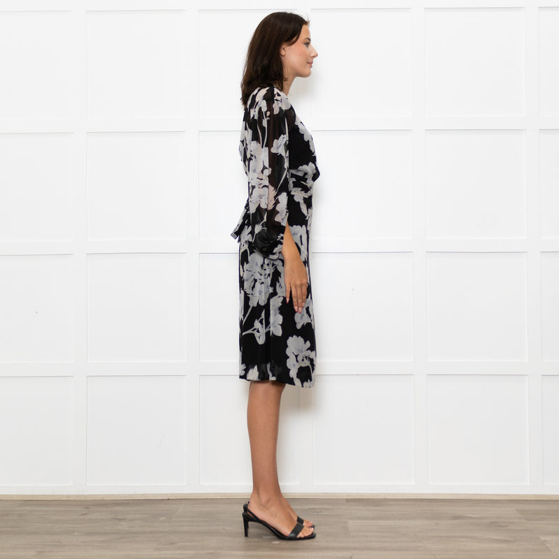 Club Monaco Black Grey Floral Belted Midi Dress With Slip