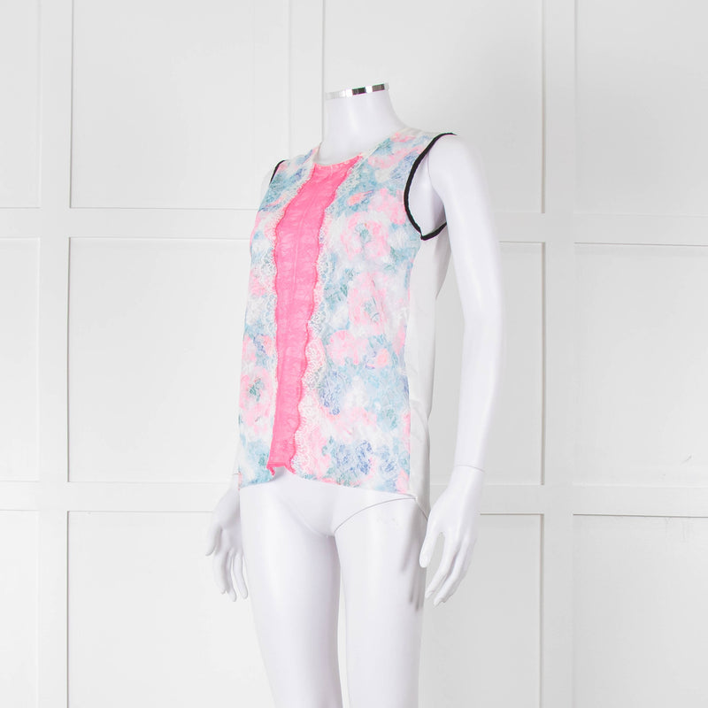 Sandro White Neon Pink Lace Front Sleeveless Top