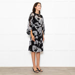 Club Monaco Black Grey Floral Belted Midi Dress With Slip