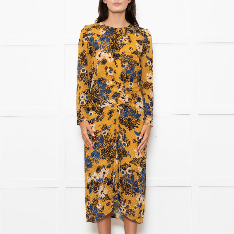 Veronica Beard Yellow Blue Black Floral Silk Midi Dress