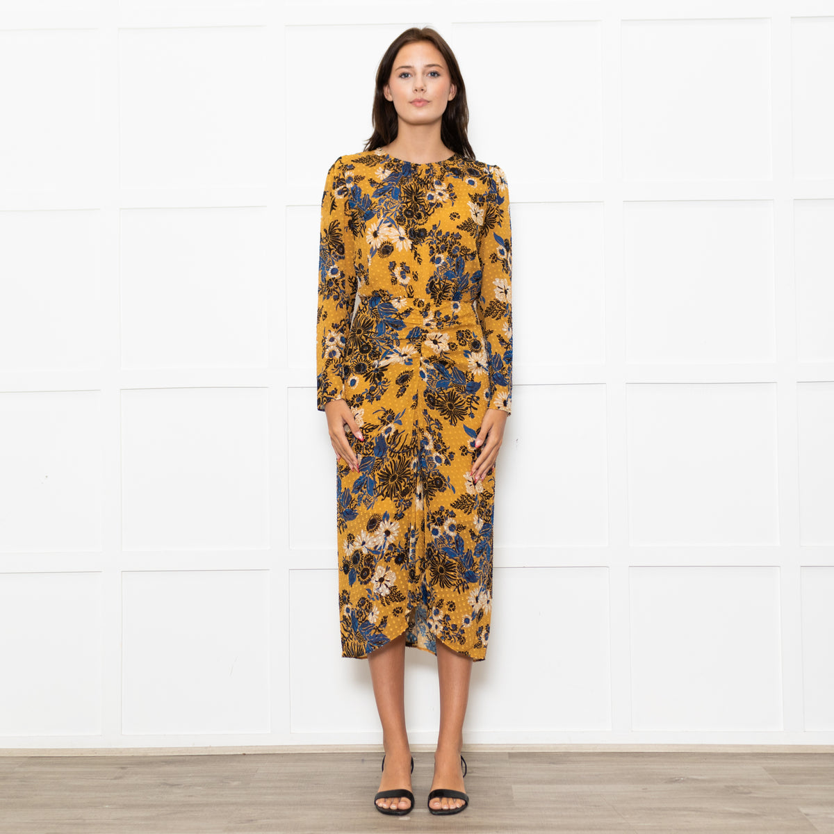 Veronica Beard Yellow Blue Black Floral Silk Midi Dress