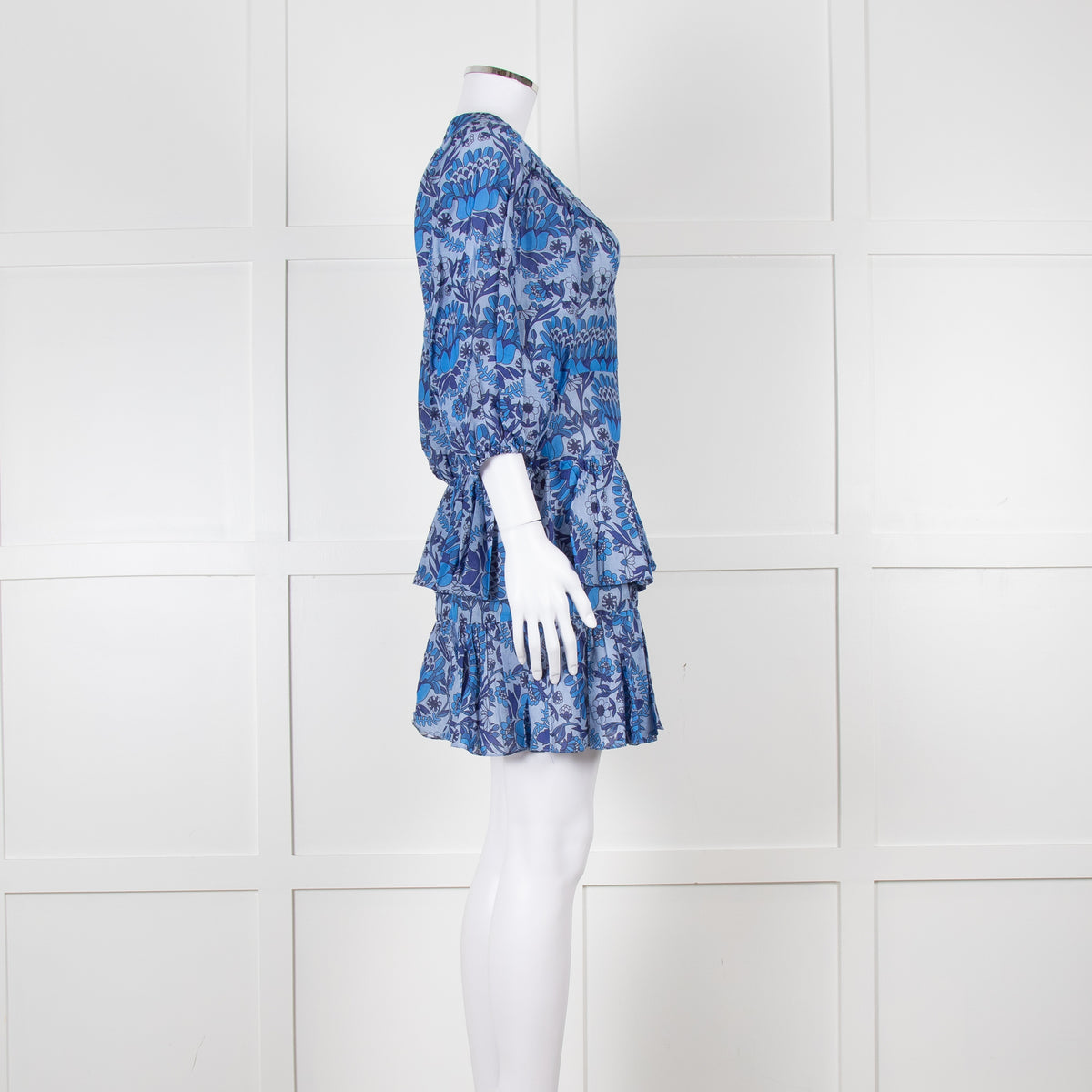 Sandro Blue Floral Mini Dress with Tiered Skirt
