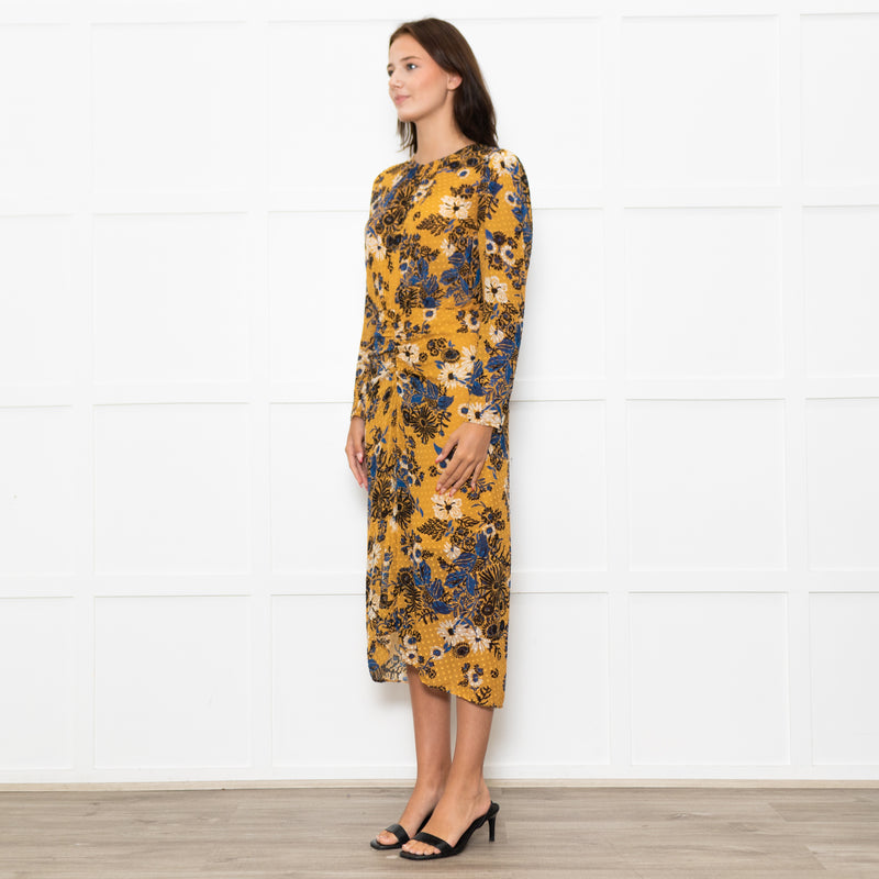 Veronica Beard Yellow Blue Black Floral Silk Midi Dress