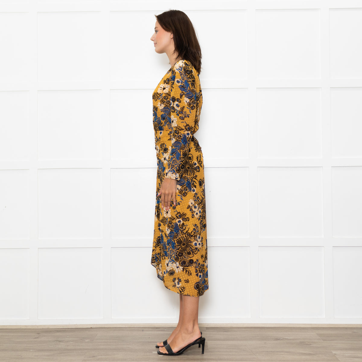 Veronica Beard Yellow Blue Black Floral Silk Midi Dress
