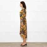 Veronica Beard Yellow Blue Black Floral Silk Midi Dress