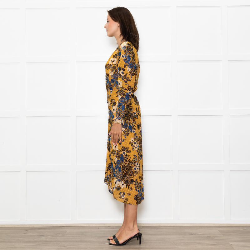 Veronica Beard Yellow Blue Black Floral Silk Midi Dress
