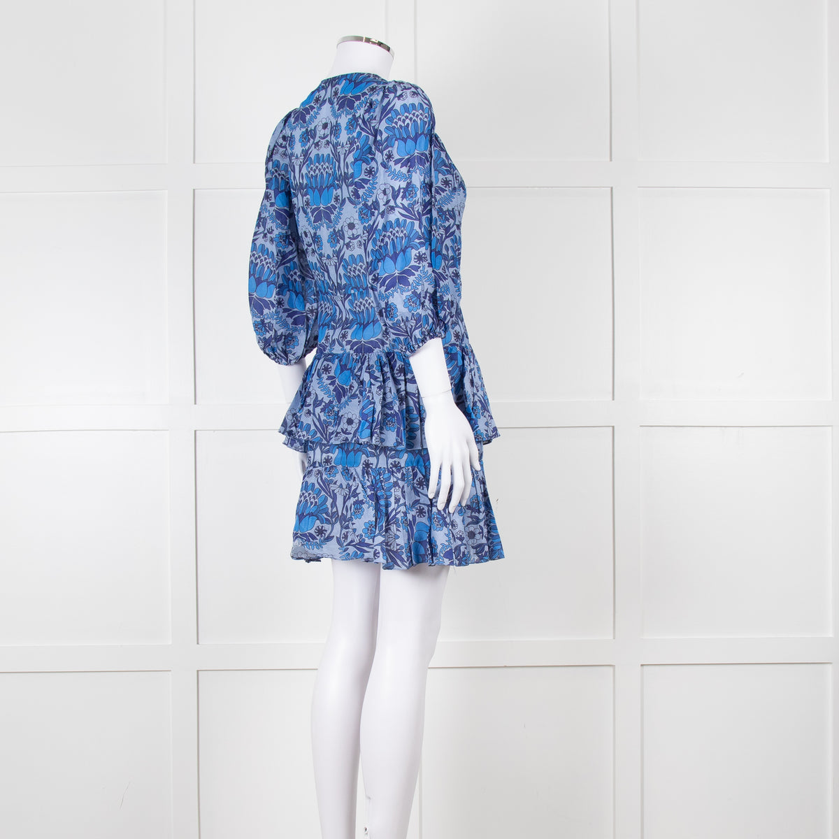 Sandro Blue Floral Mini Dress with Tiered Skirt