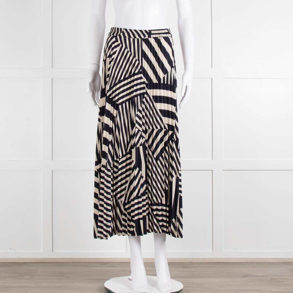 Selected Femme Cream Navy Geometric Stripe Pleated Skirt