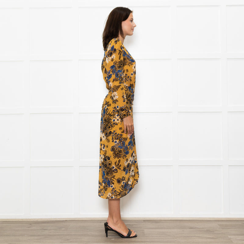 Veronica Beard Yellow Blue Black Floral Silk Midi Dress