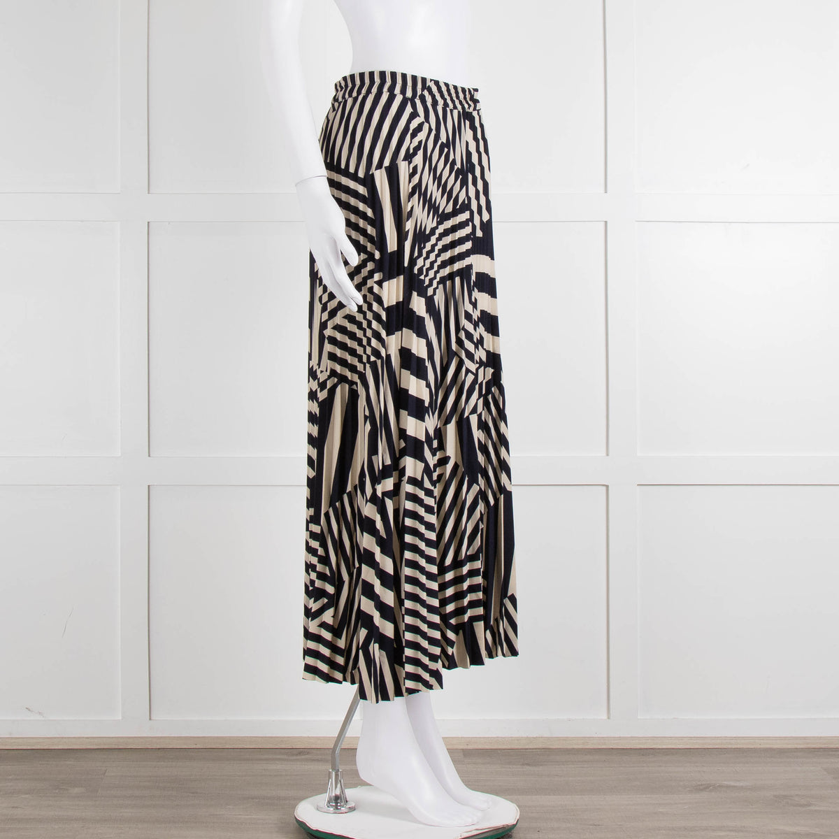 Selected Femme Cream Navy Geometric Stripe Pleated Skirt