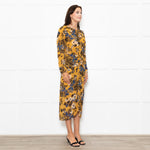 Veronica Beard Yellow Blue Black Floral Silk Midi Dress
