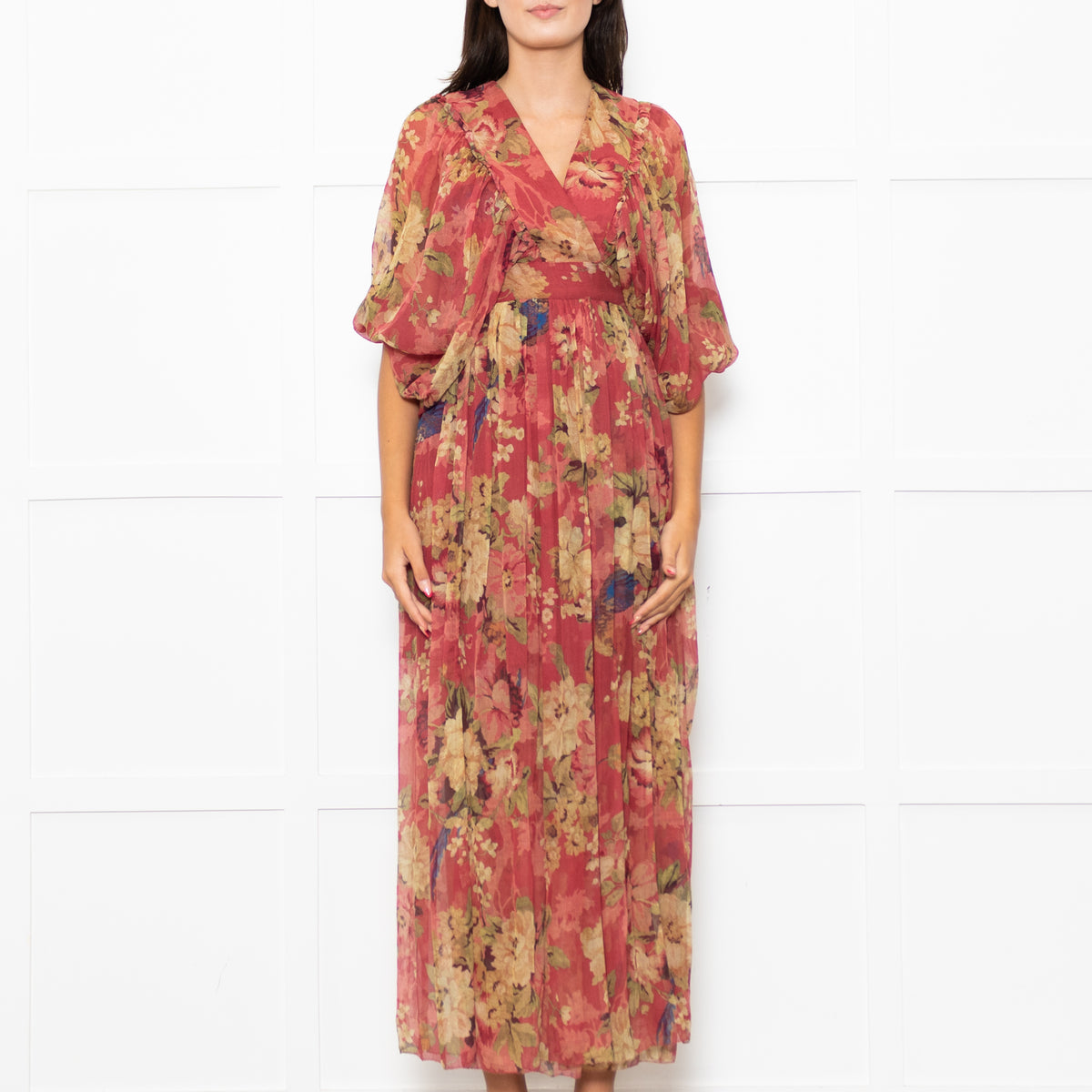 Zimmermann Red Beige Floral Wrap Silk Maxi Dress