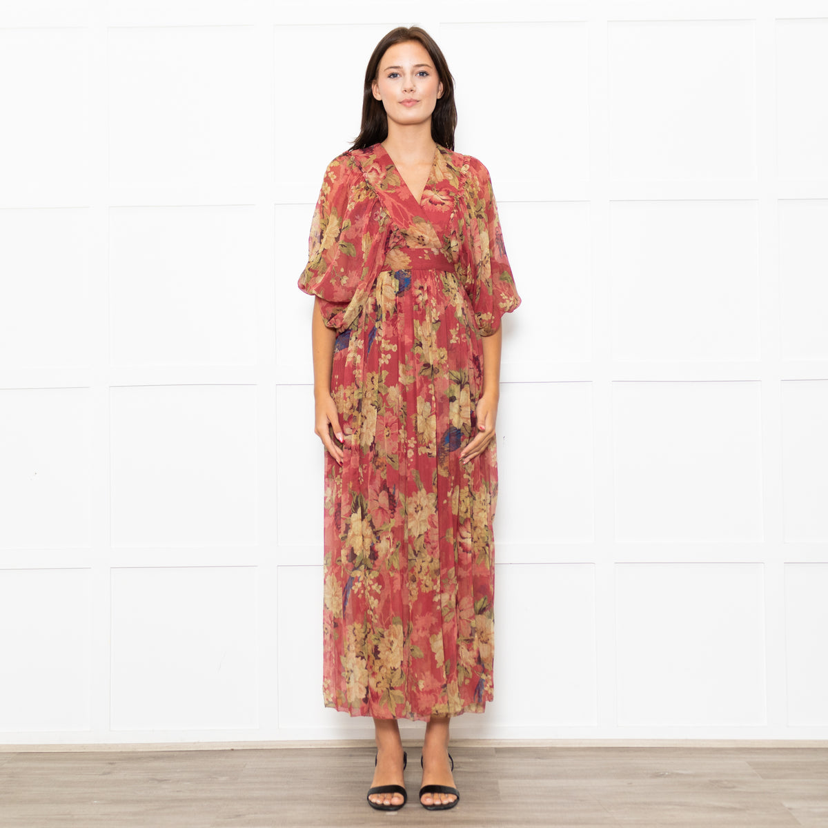 Zimmermann Red Beige Floral Wrap Silk Maxi Dress
