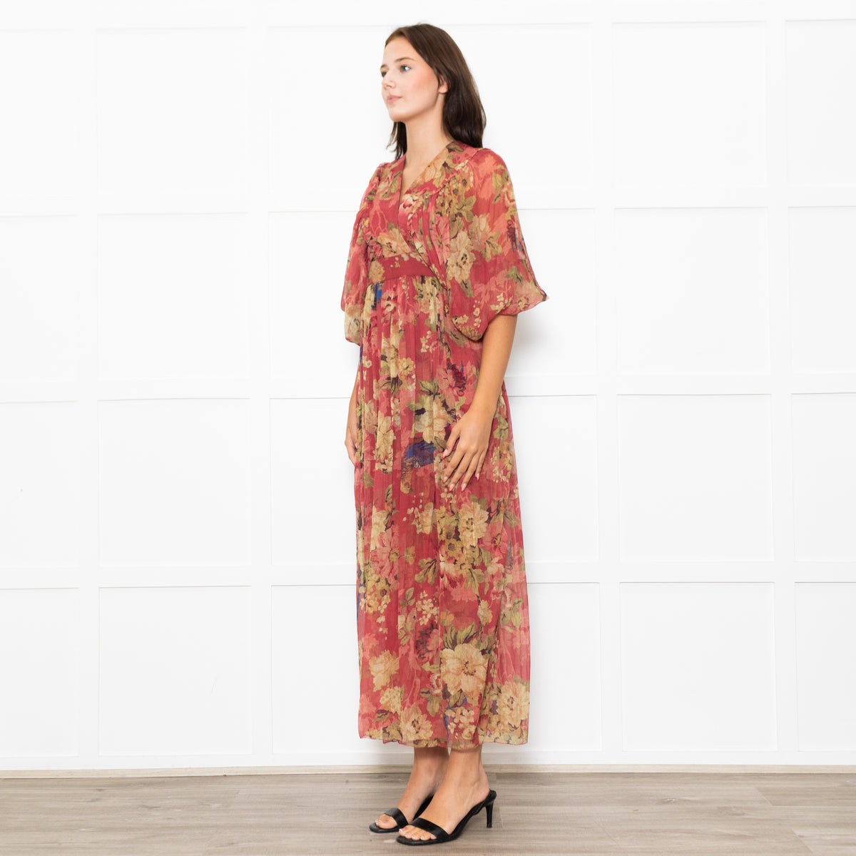 Zimmermann Red Beige Floral Wrap Silk Maxi Dress