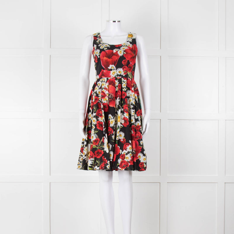 Dolce & Gabbana Black Red Floral Cotton Sleeveless Short Dress