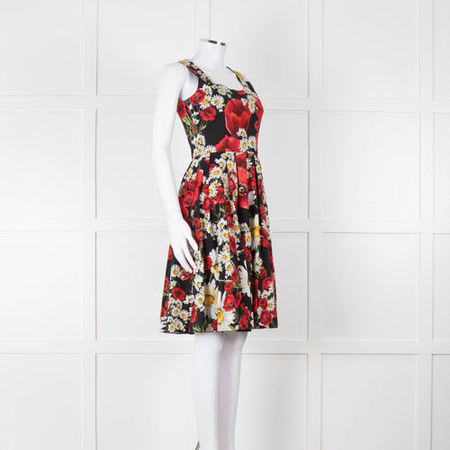 Dolce & Gabbana Black Red Floral Cotton Sleeveless Short Dress