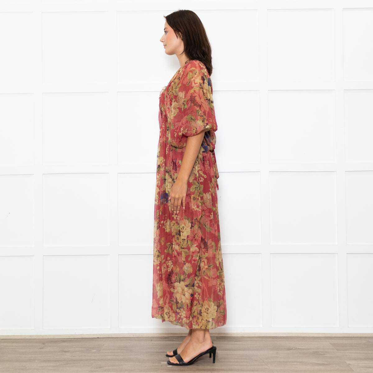 Zimmermann Red Beige Floral Wrap Silk Maxi Dress