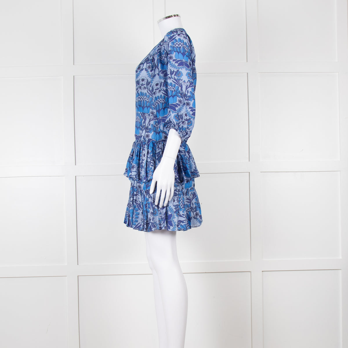 Sandro Blue Floral Mini Dress with Tiered Skirt
