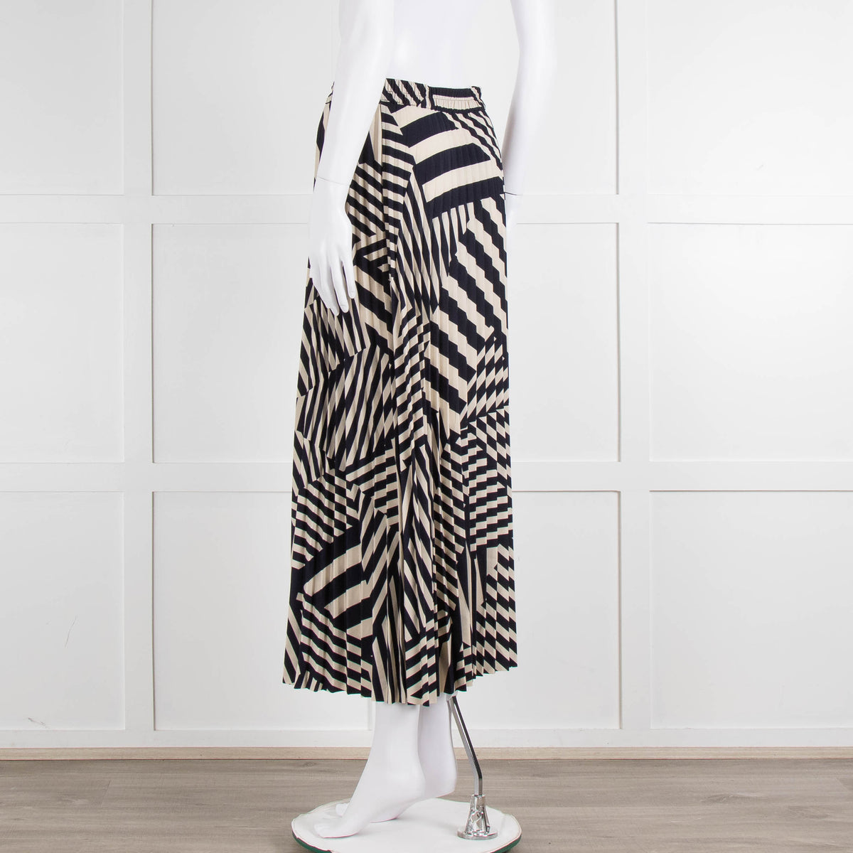 Selected Femme Cream Navy Geometric Stripe Pleated Skirt