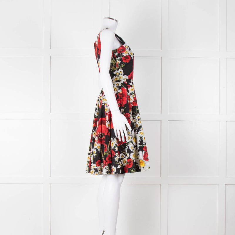 Dolce & Gabbana Black Red Floral Cotton Sleeveless Short Dress