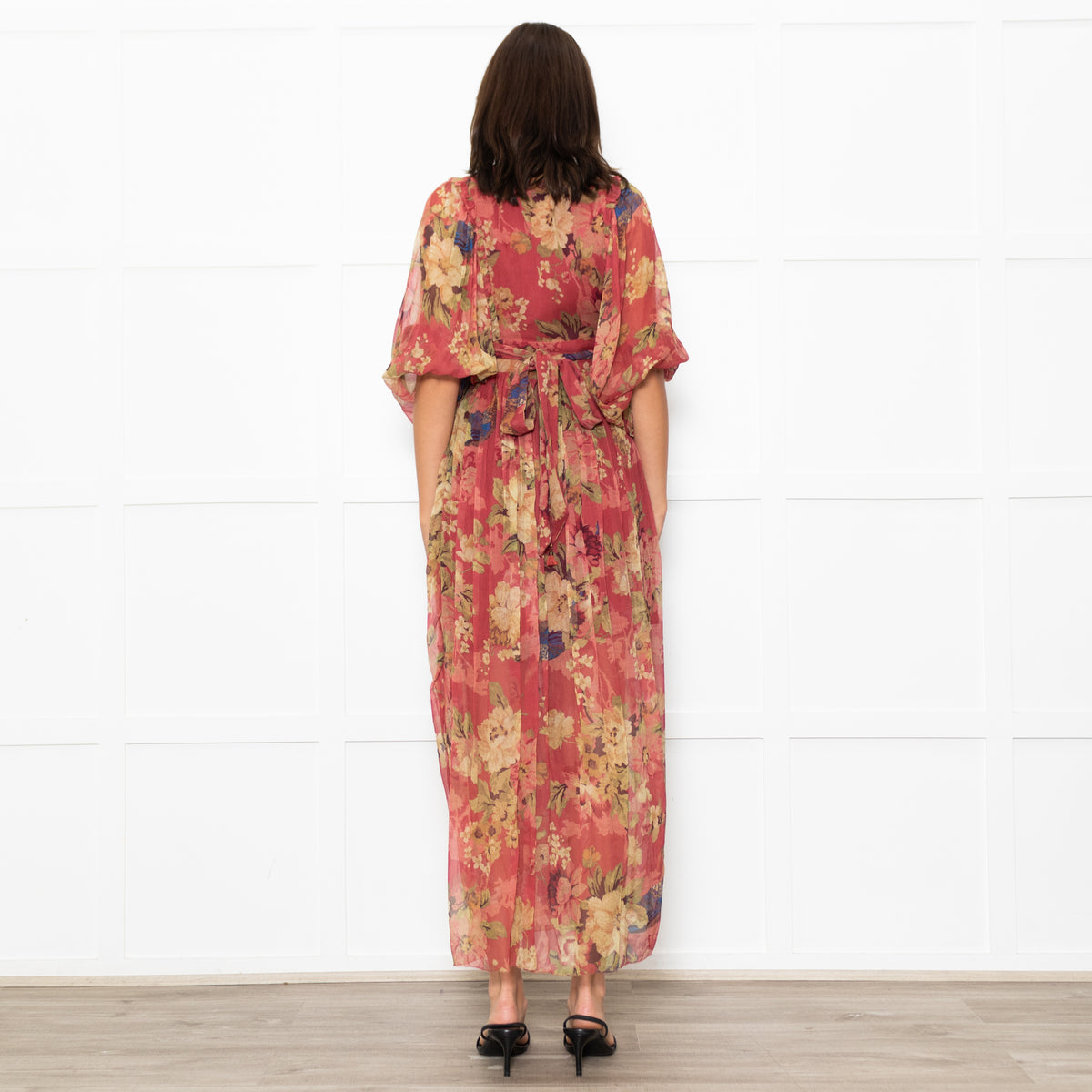 Zimmermann Red Beige Floral Wrap Silk Maxi Dress