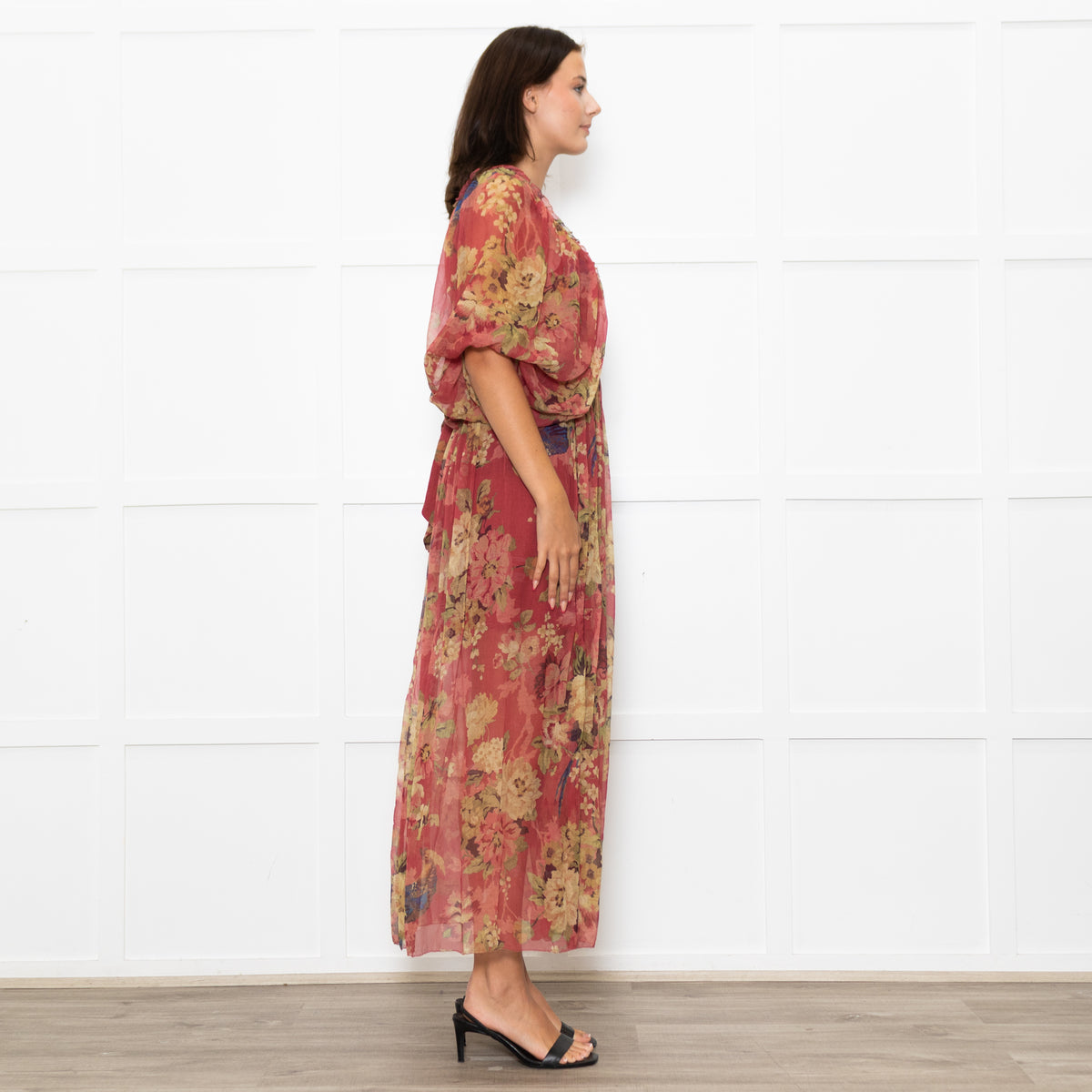 Zimmermann Red Beige Floral Wrap Silk Maxi Dress