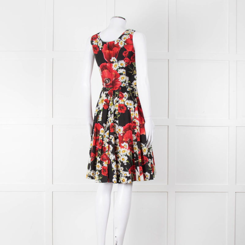 Dolce & Gabbana Black Red Floral Cotton Sleeveless Short Dress