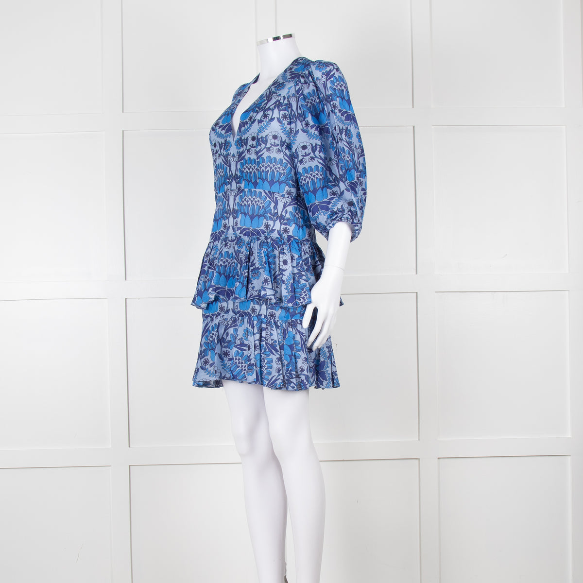 Sandro Blue Floral Mini Dress with Tiered Skirt