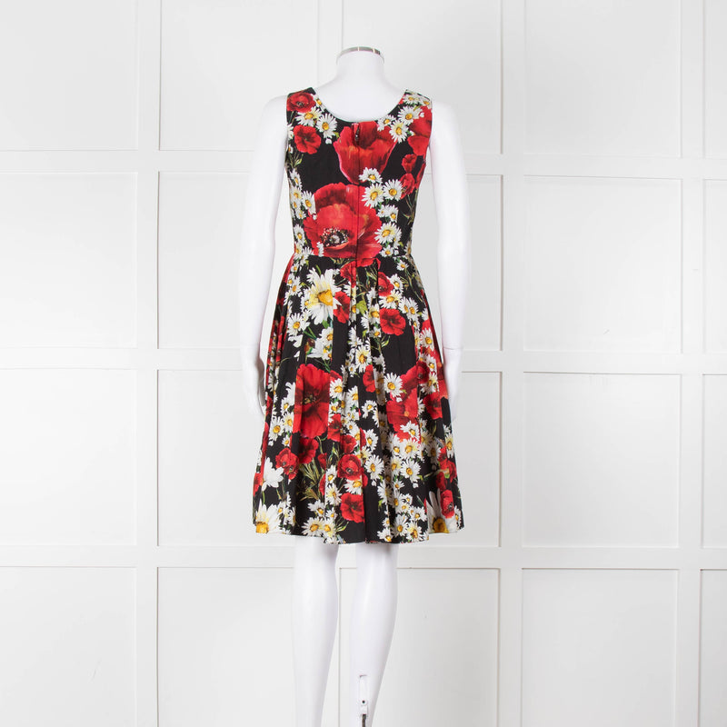 Dolce & Gabbana Black Red Floral Cotton Sleeveless Short Dress