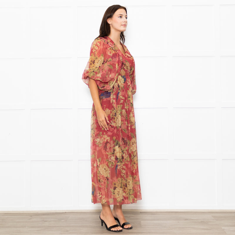 Zimmermann Red Beige Floral Wrap Silk Maxi Dress