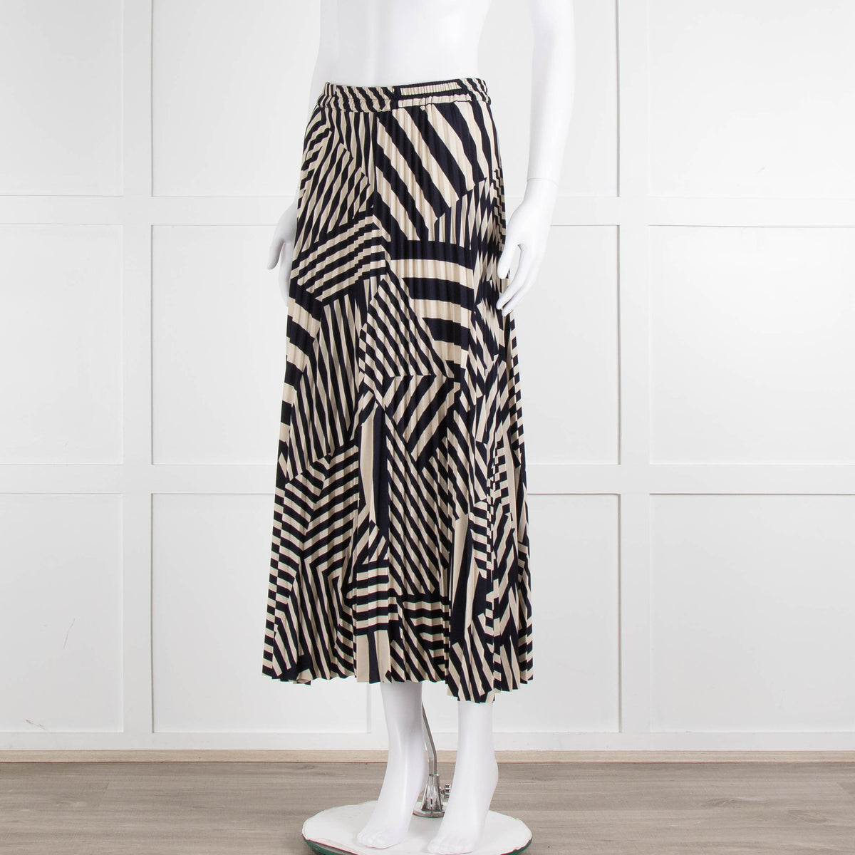 Selected Femme Cream Navy Geometric Stripe Pleated Skirt