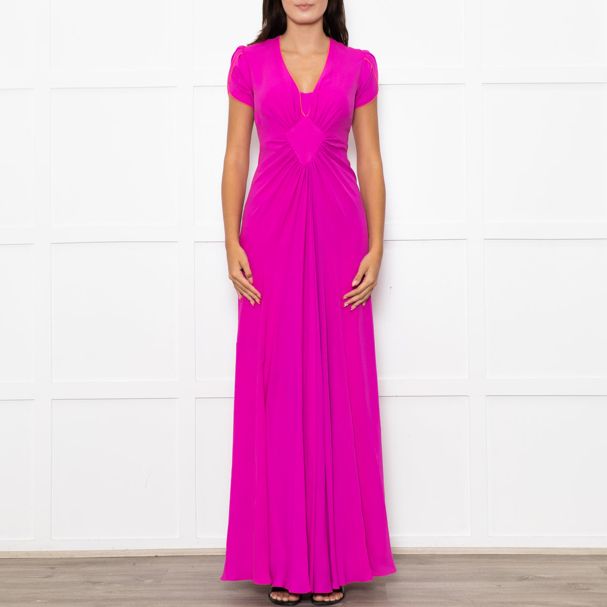 Libelula Purple Short Sleeves Front Cinched Silk Maxi Dress