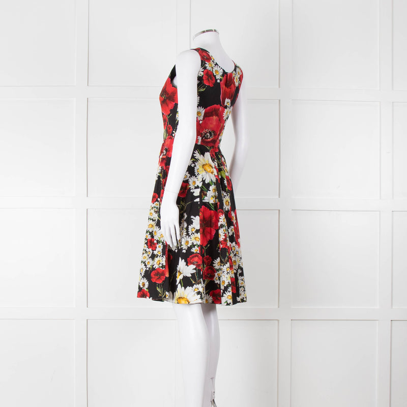Dolce & Gabbana Black Red Floral Cotton Sleeveless Short Dress
