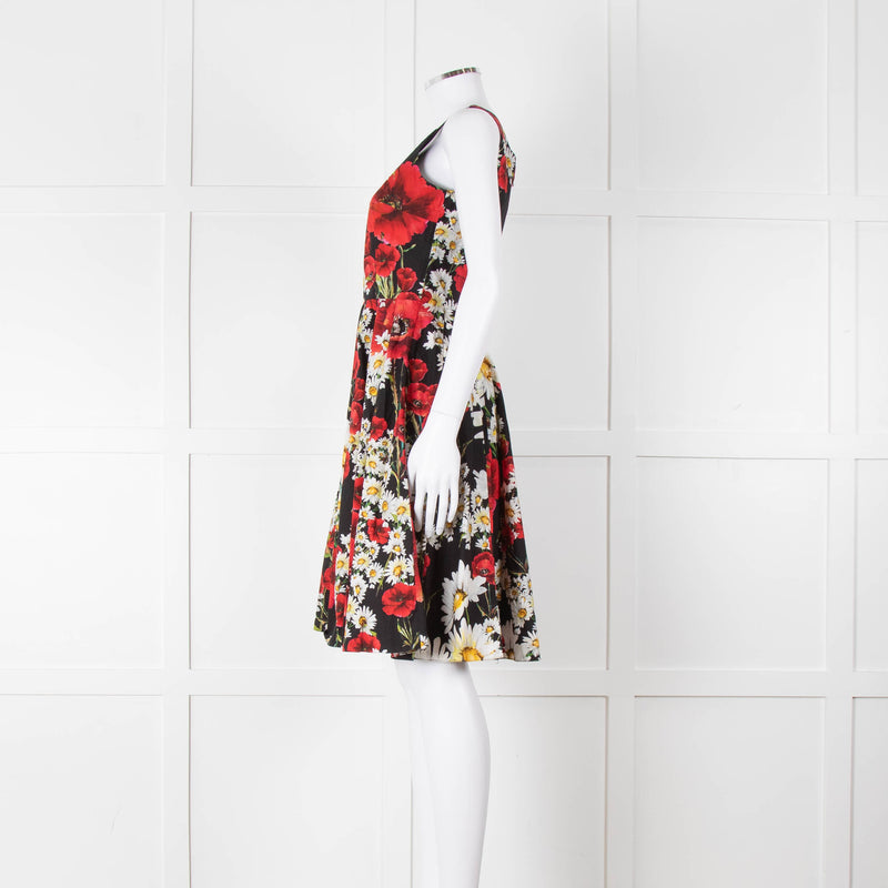 Dolce & Gabbana Black Red Floral Cotton Sleeveless Short Dress