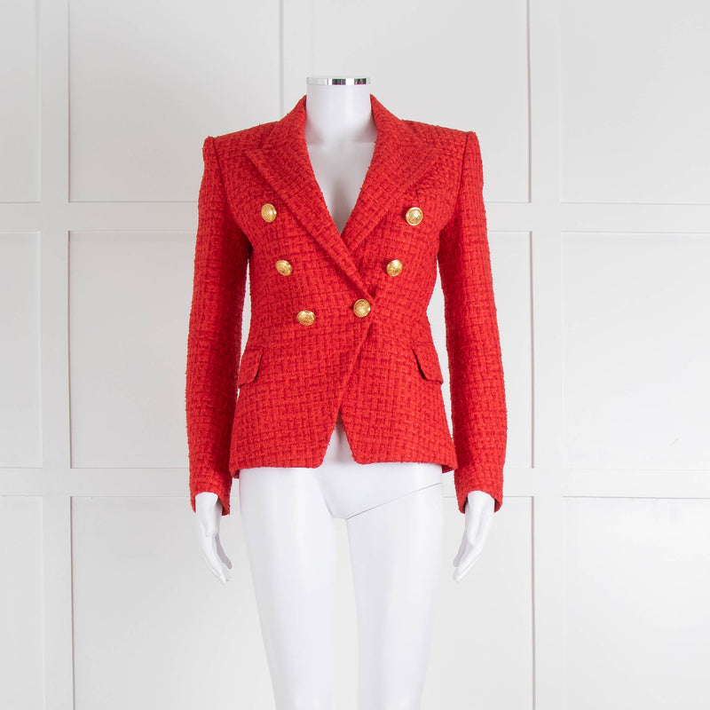 Balmain Red Tweed Blazer with Gold Buttons