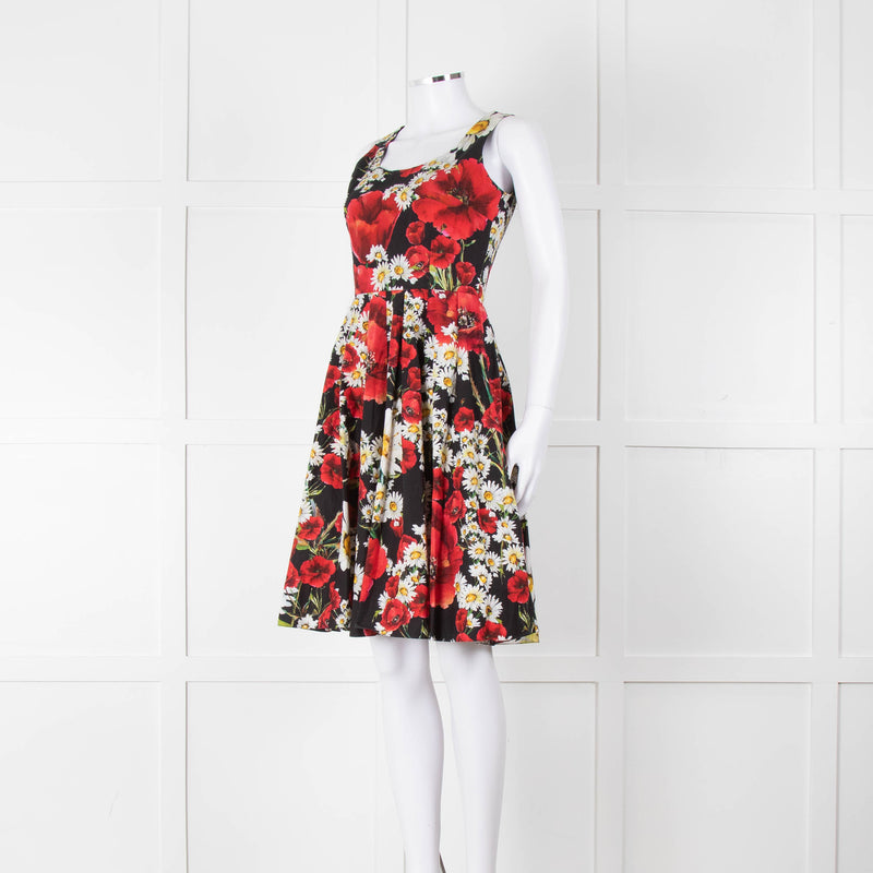 Dolce & Gabbana Black Red Floral Cotton Sleeveless Short Dress