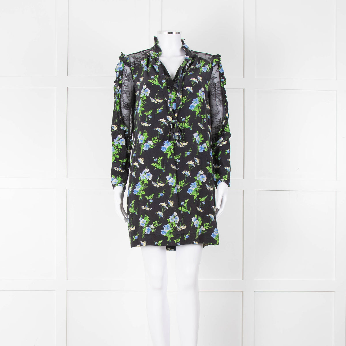 Sandro Black Green Blue Floral Lace Sleeves Mini Tunic