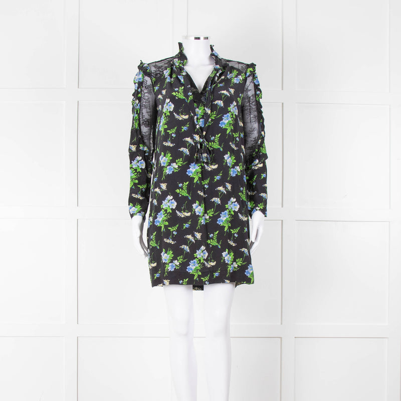 Sandro Black Green Blue Floral Lace Sleeves Mini Tunic