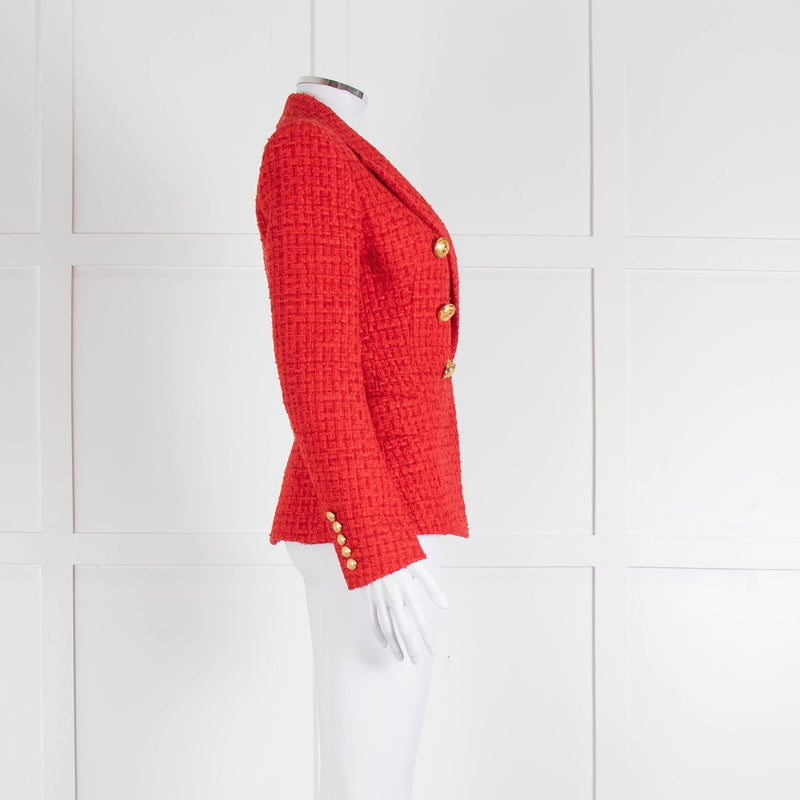 Balmain Red Tweed Blazer with Gold Buttons