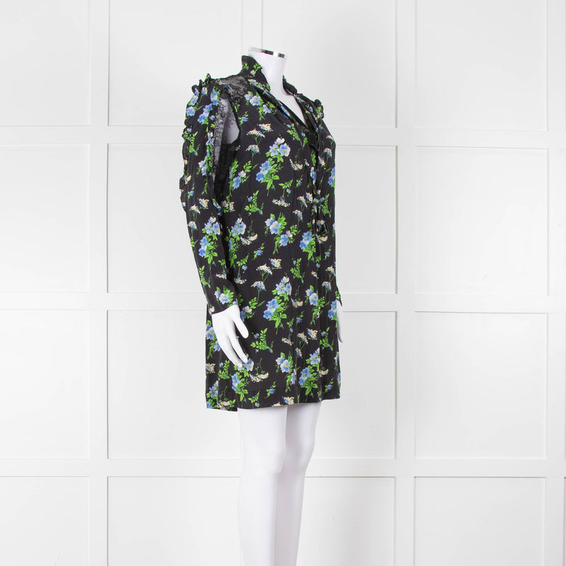 Sandro Black Green Blue Floral Lace Sleeves Mini Tunic
